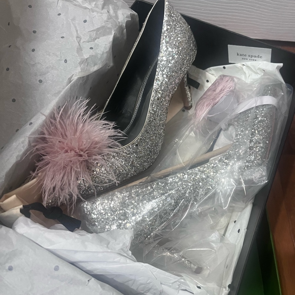 Kate Spade Glitter Heels with Pink Feather